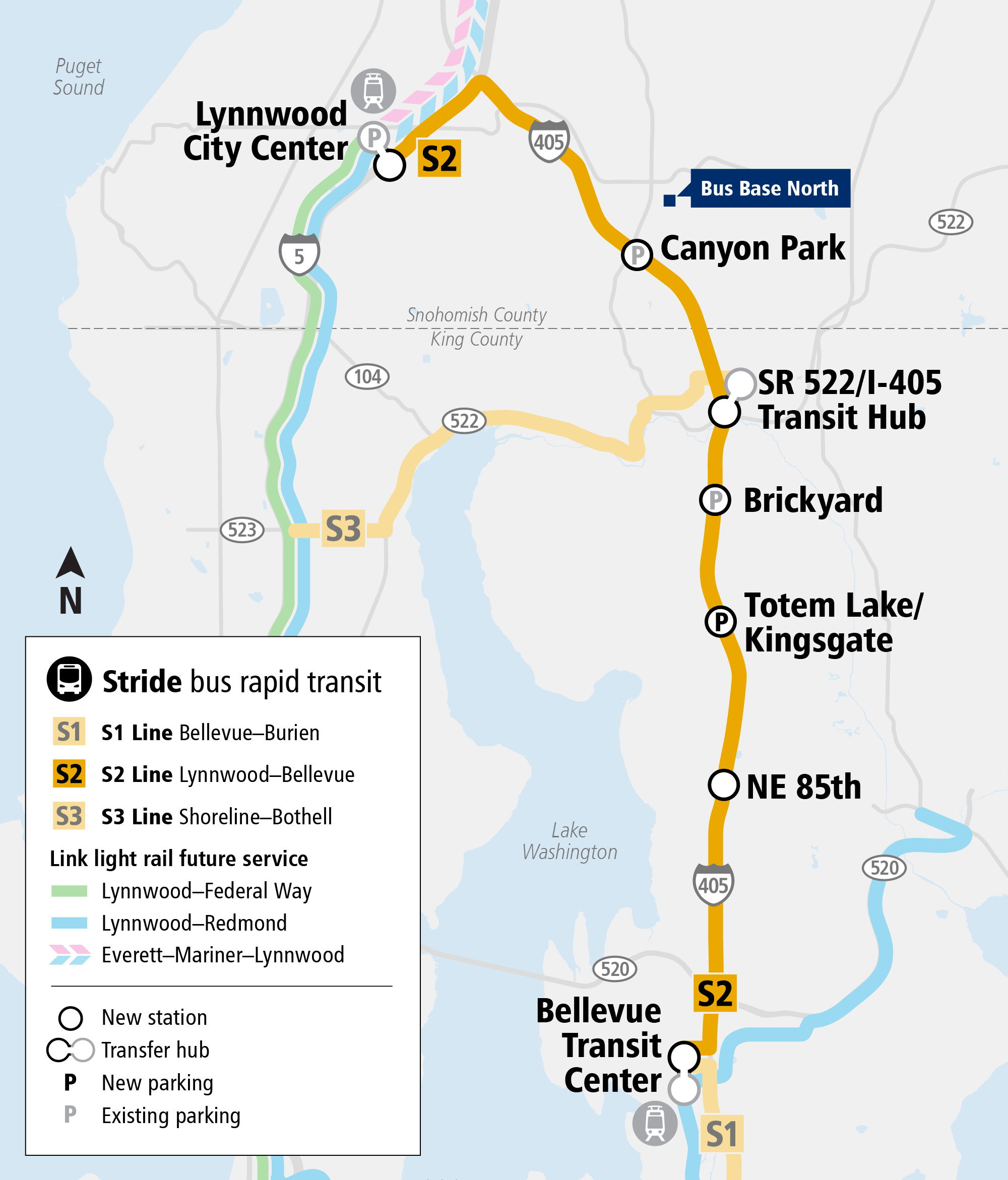 System Expansion Project map for Stride S2 Line showing all stations along the corridor