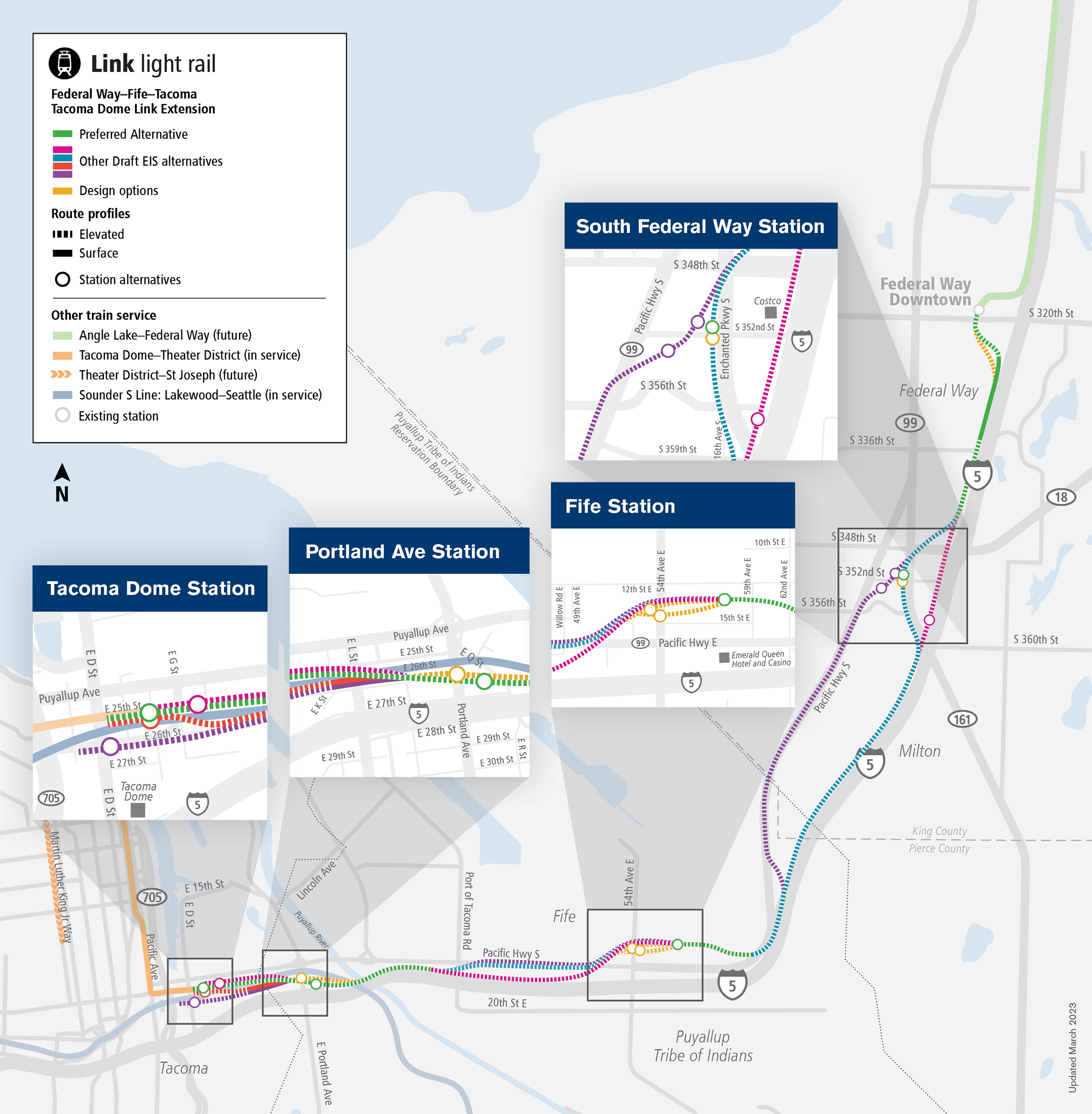 System Expansion Project map for Tacoma Dome Link Extension showing all stations within the project