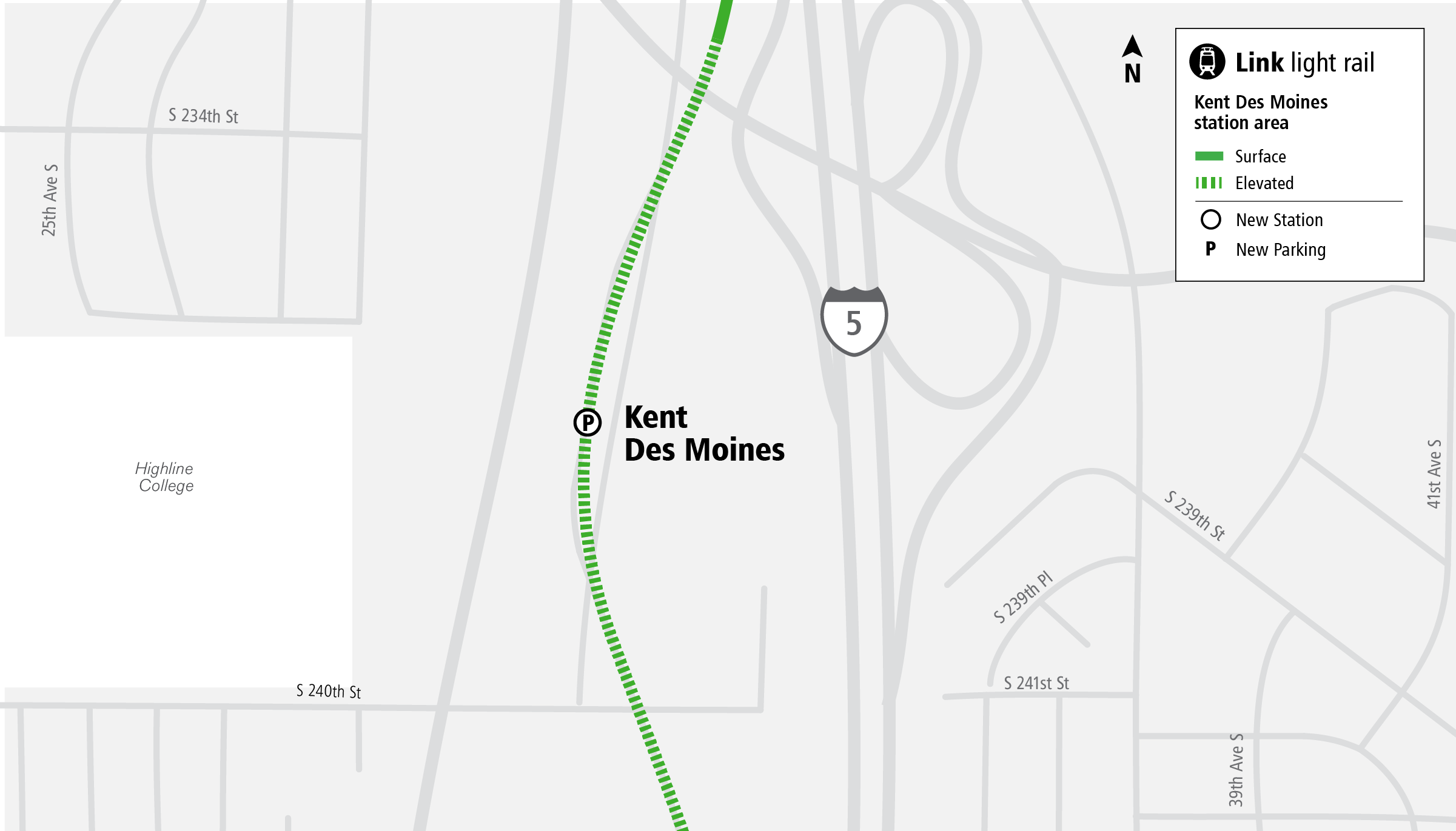 area map showing location of future Kent Des Moines Station as part of Federal Way Link Extension