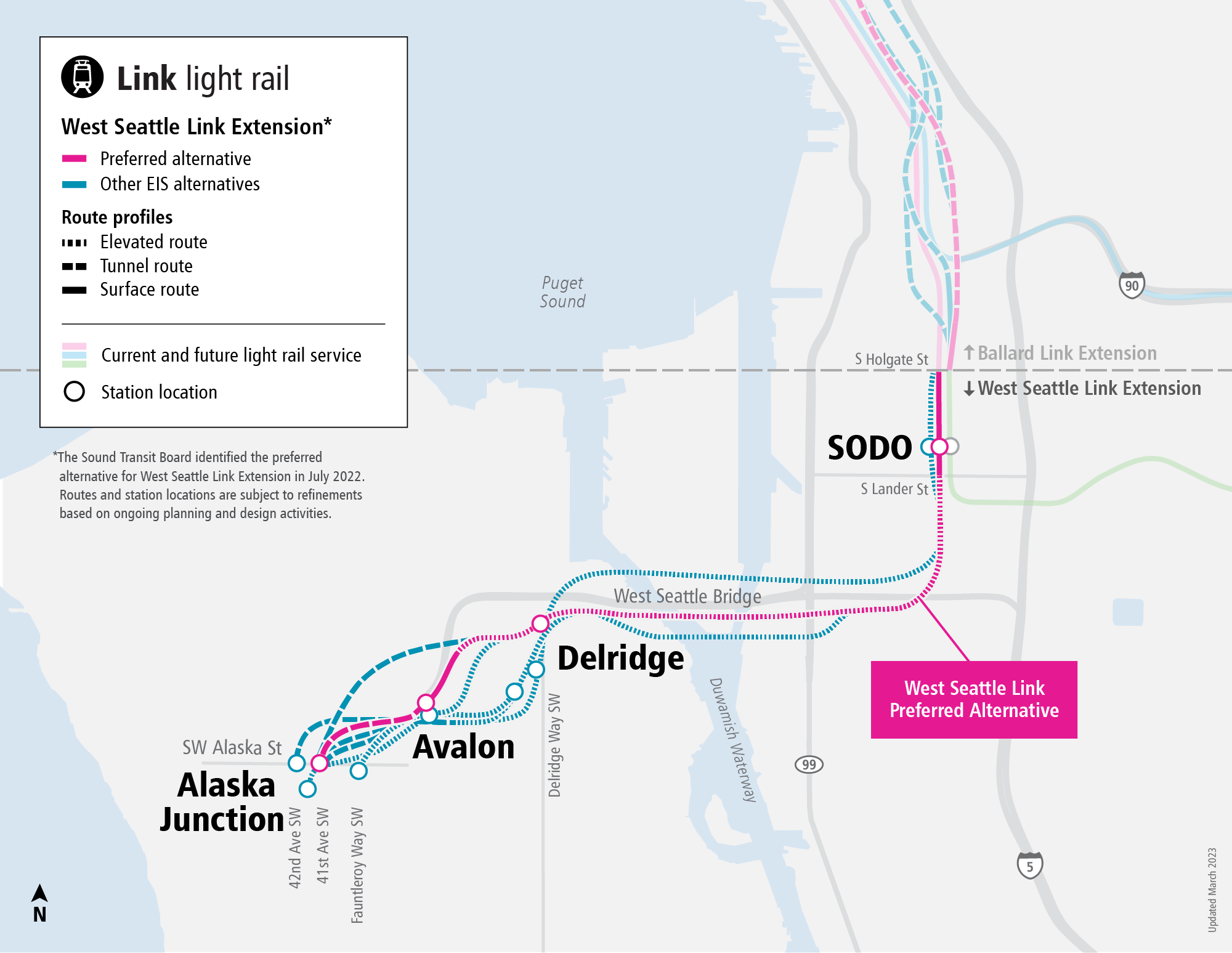 Map of the proposed route for the West Seattle Link Extension