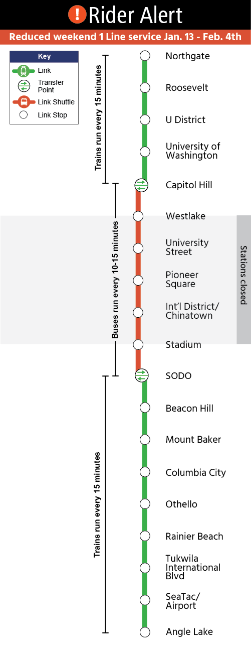 A map showing the 1 Line alignment with buses replacing trains between SODO and Capitol Hill stations.