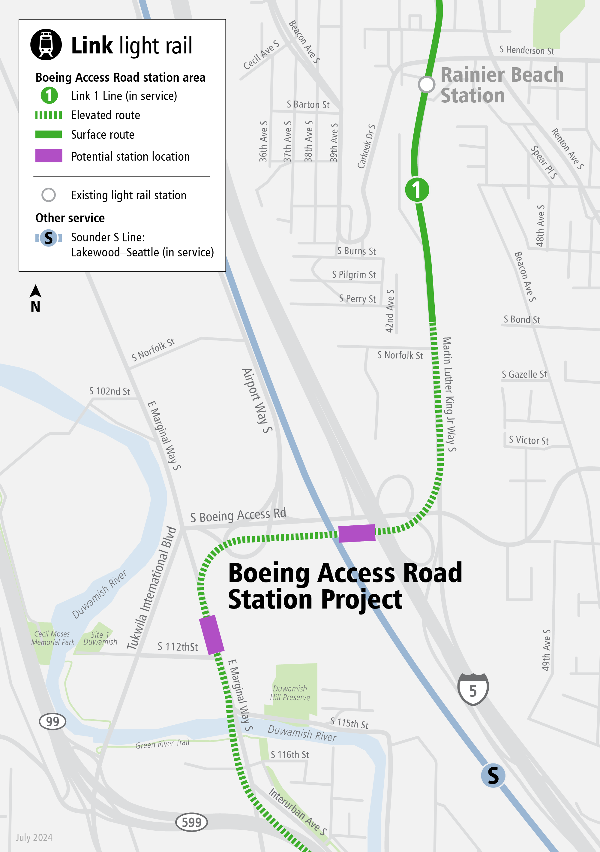 Map depicting station location of Boeing Access Road station