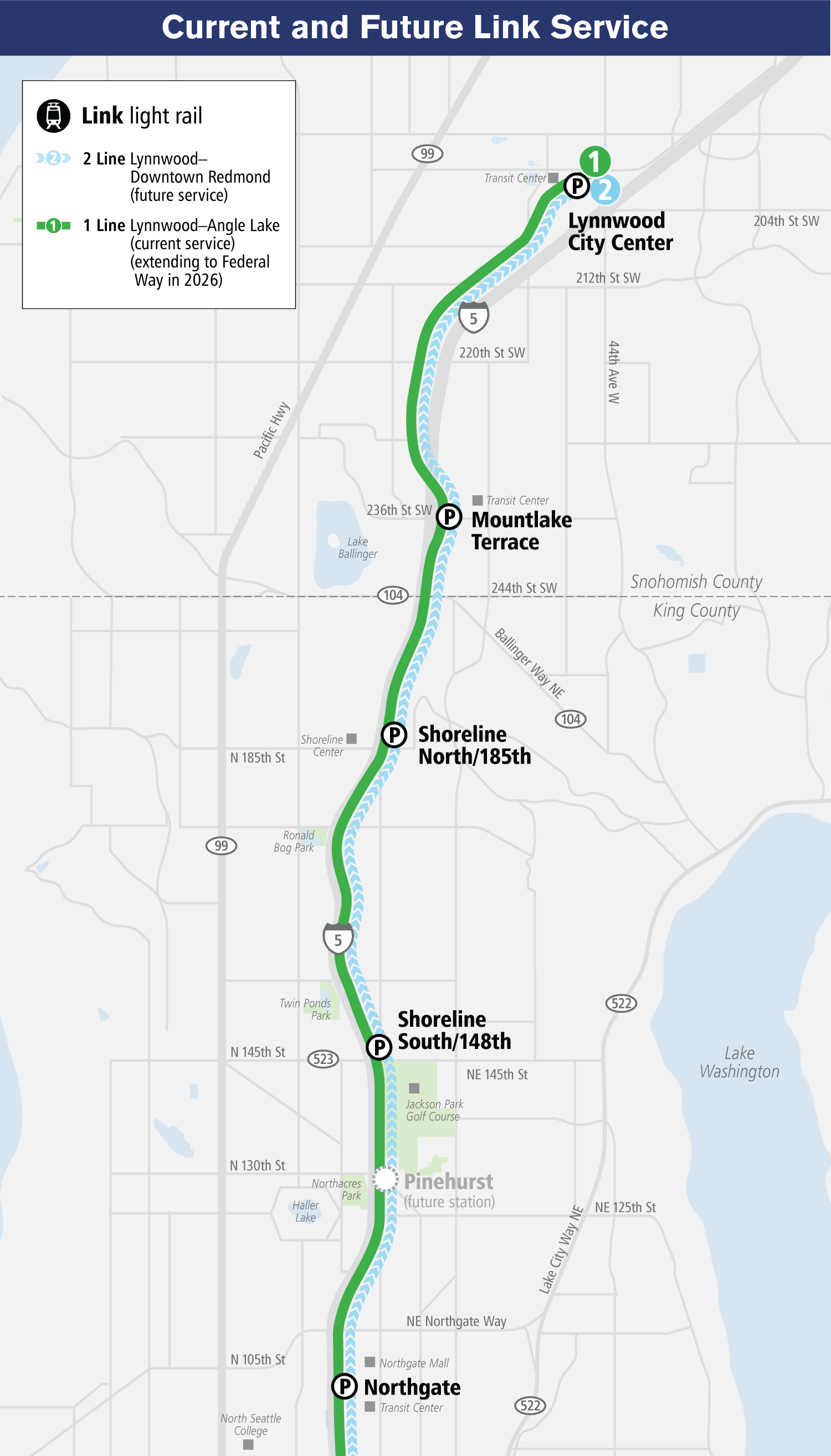 A map showing current and future Link service in North King and Snohomish counties. Refer to current and future service sections on this page for more information.