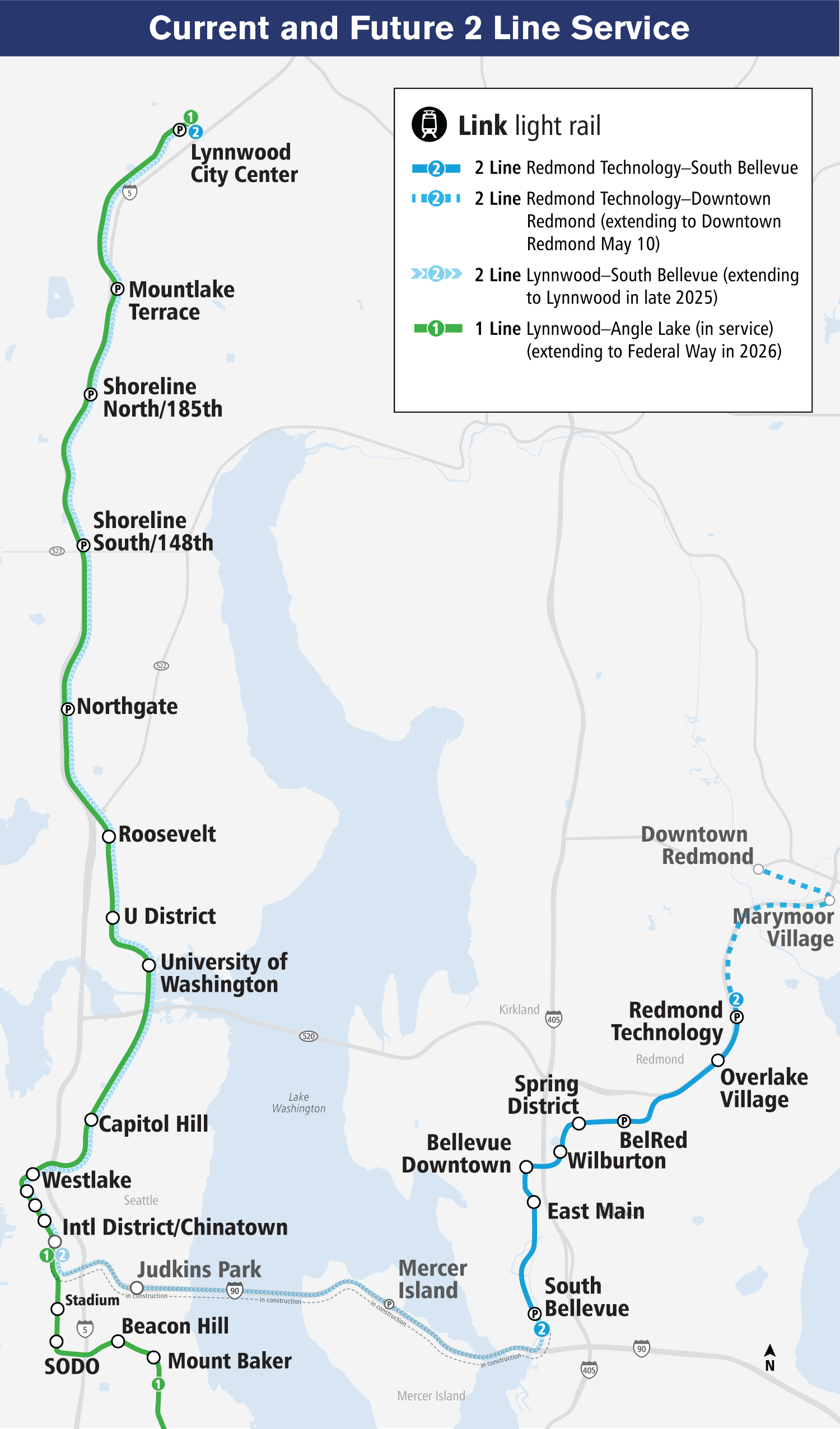 A map showing current and future 2 Line service as of April 2025. Refer to current and future service sections on this page for more information.
