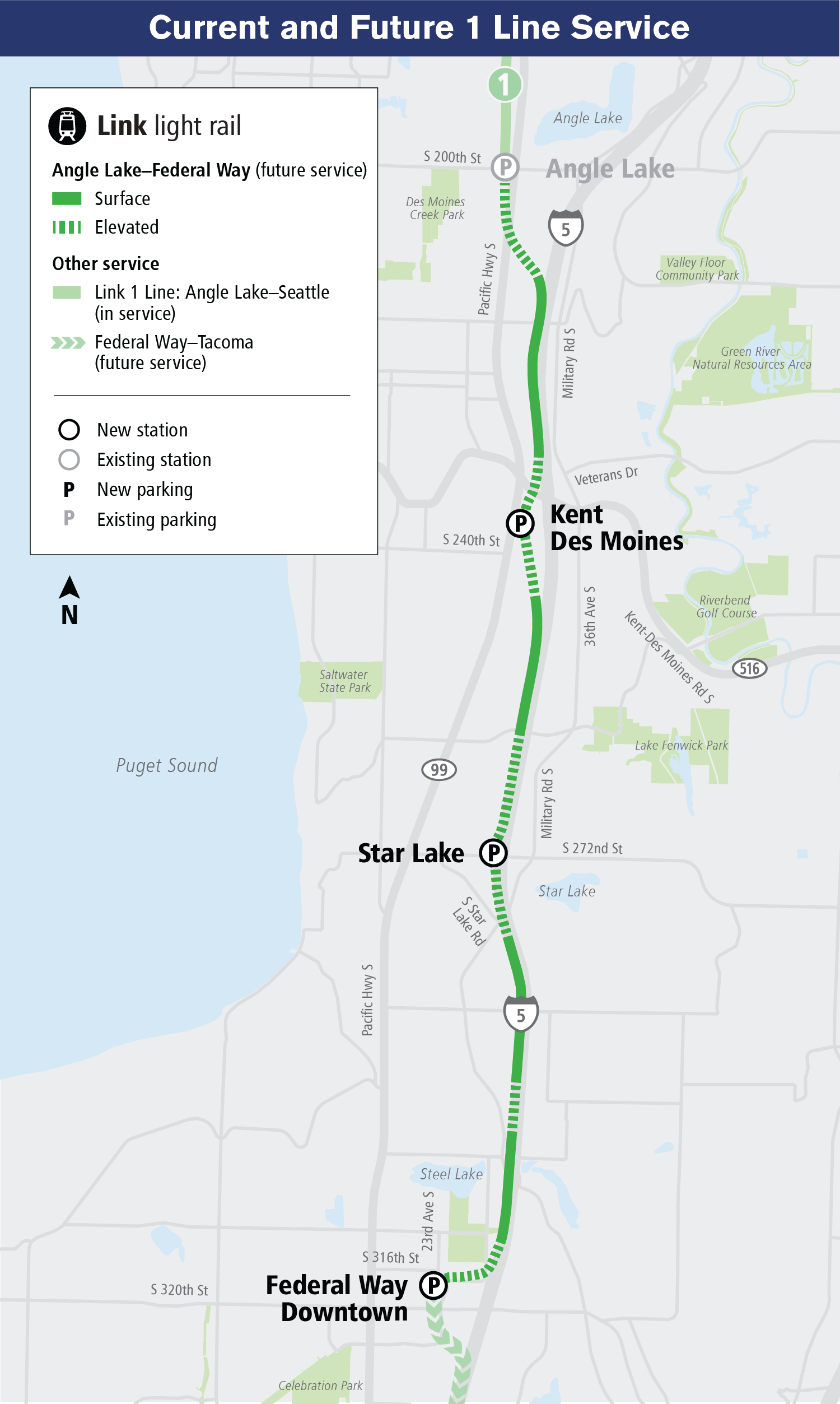 A map showing current and future 1 Line service in south King and Pierce counties. Refer to current and future service section on this page for more information.