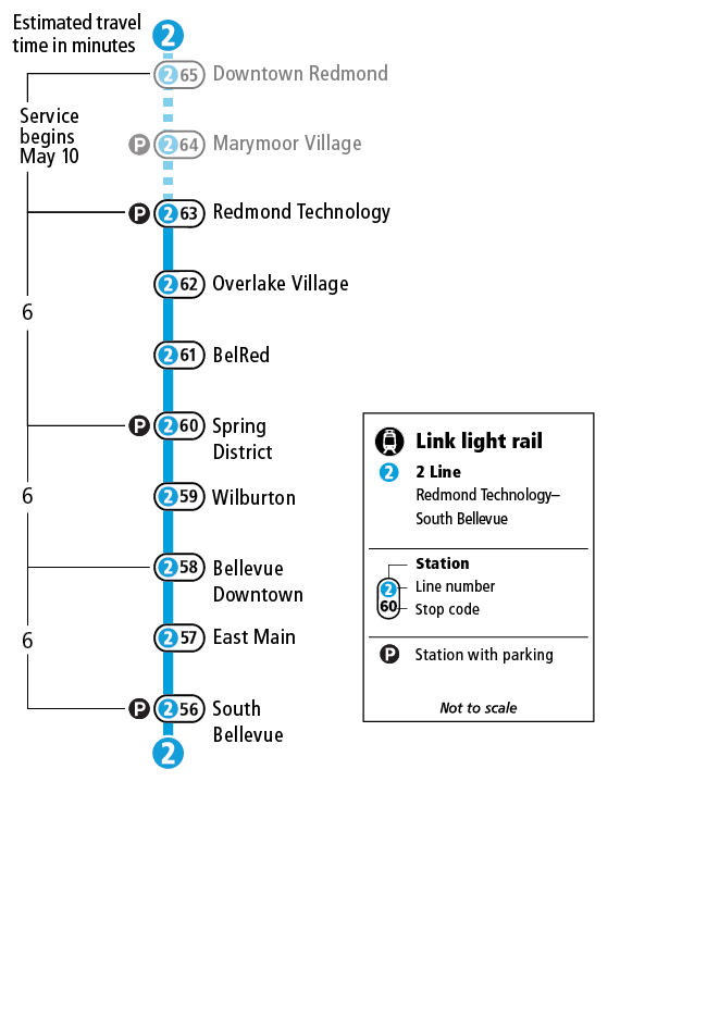 A map listing the stations on the 2 Line. Text depicts same station order and information.