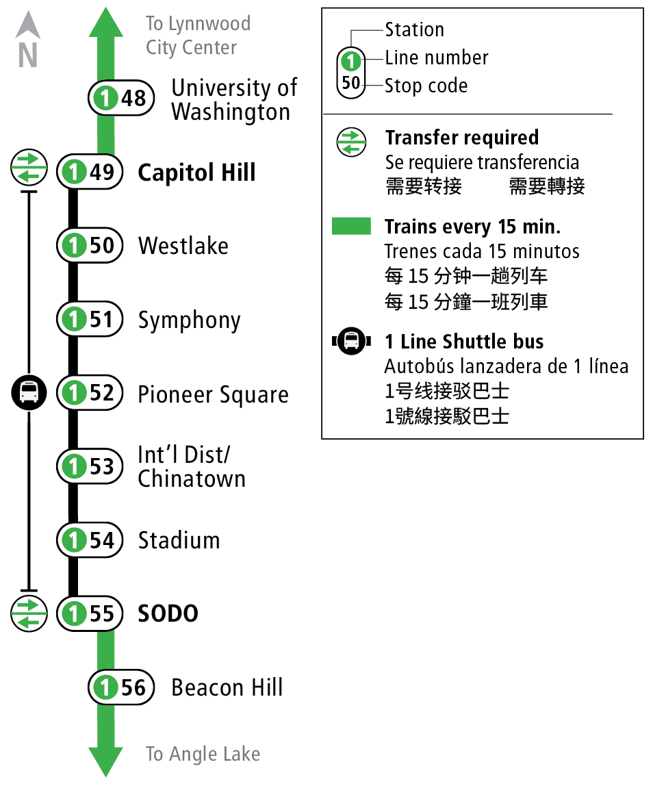 Map depicting bus bridge between Capitol Hill Stations and SODO stations