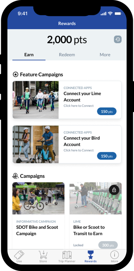 A phone screen showing a Transit Go ticket app reward of 2,000 points