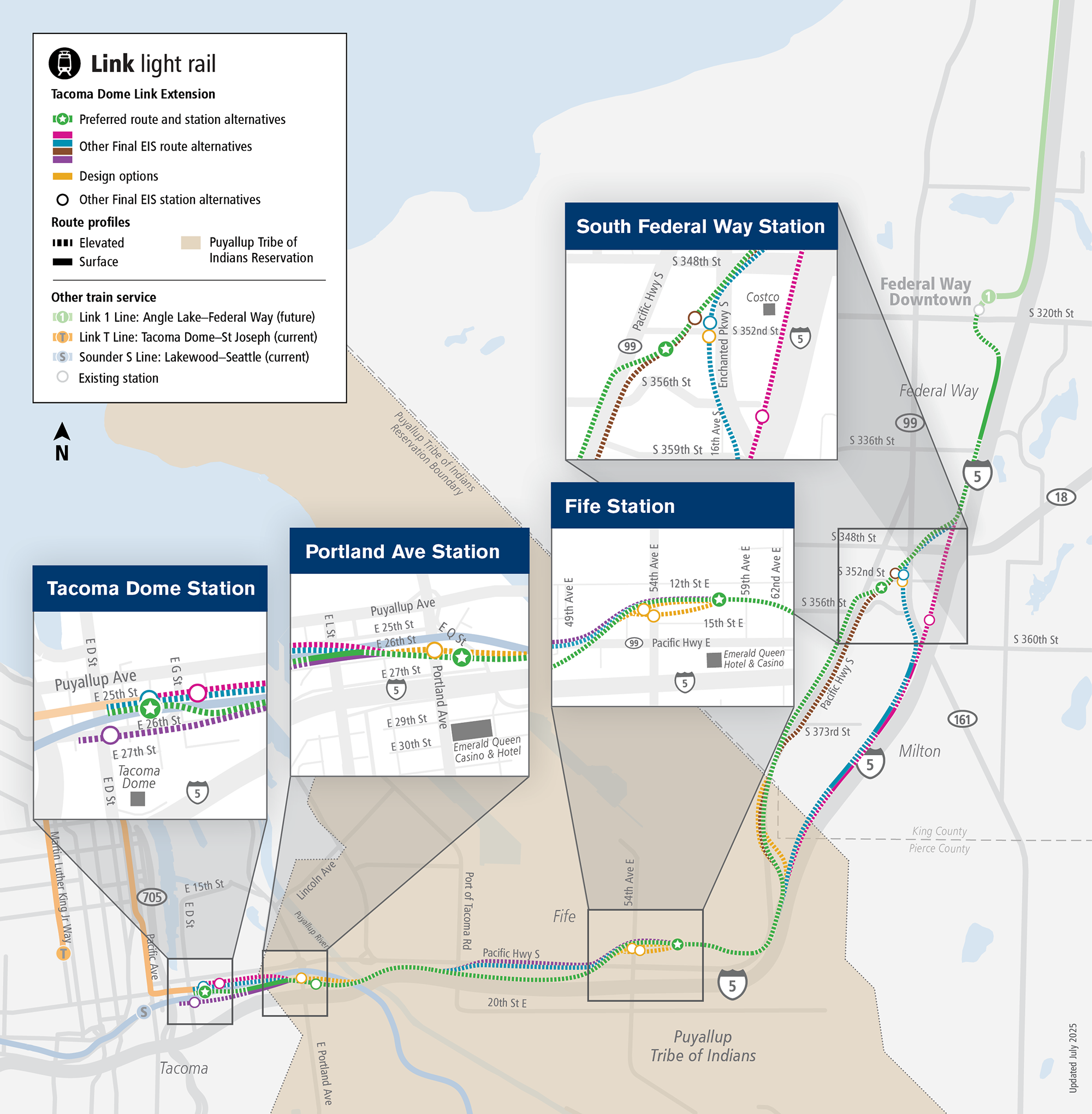 Map of proposed Tacoma Dome link extension with each station highlighted. Read under Overview heading for details.