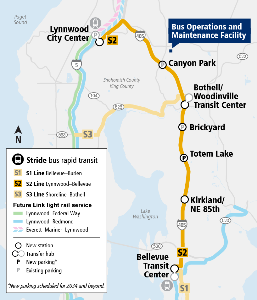 Map of Stride S2 Line. Stops from North to South: Lynnwood city center, Canyon Park, Bothell/Woodinville, Brickyard, Totem Lake, Kirkland/NE 85th, Bellevue Transit Center.
