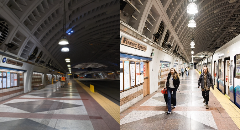 Lighting inside Pioneer Square Station before and after a recent upgrade.
