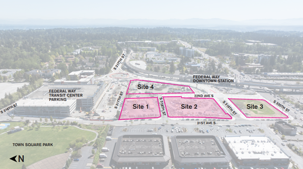 An aerial view rendering of four TOD sites at Federal Way Downtown Station