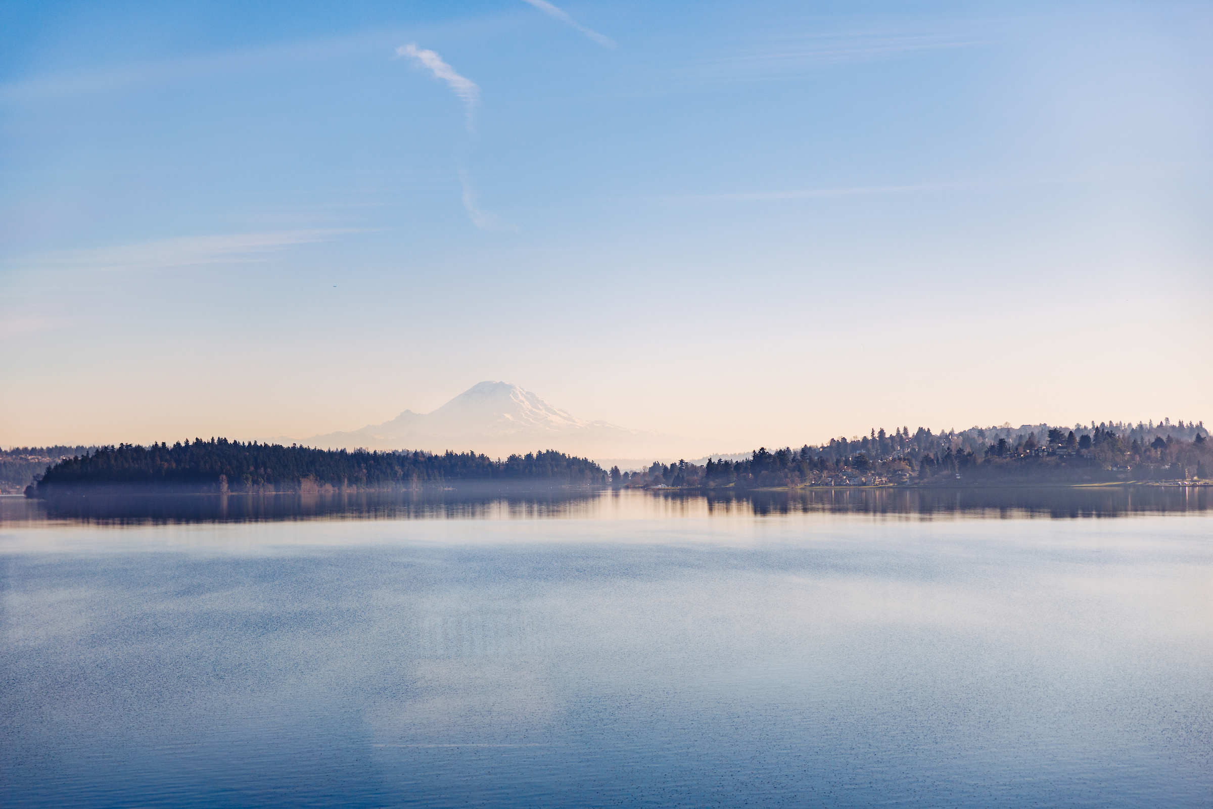 A view of Lake Washington and Mount Rainier.