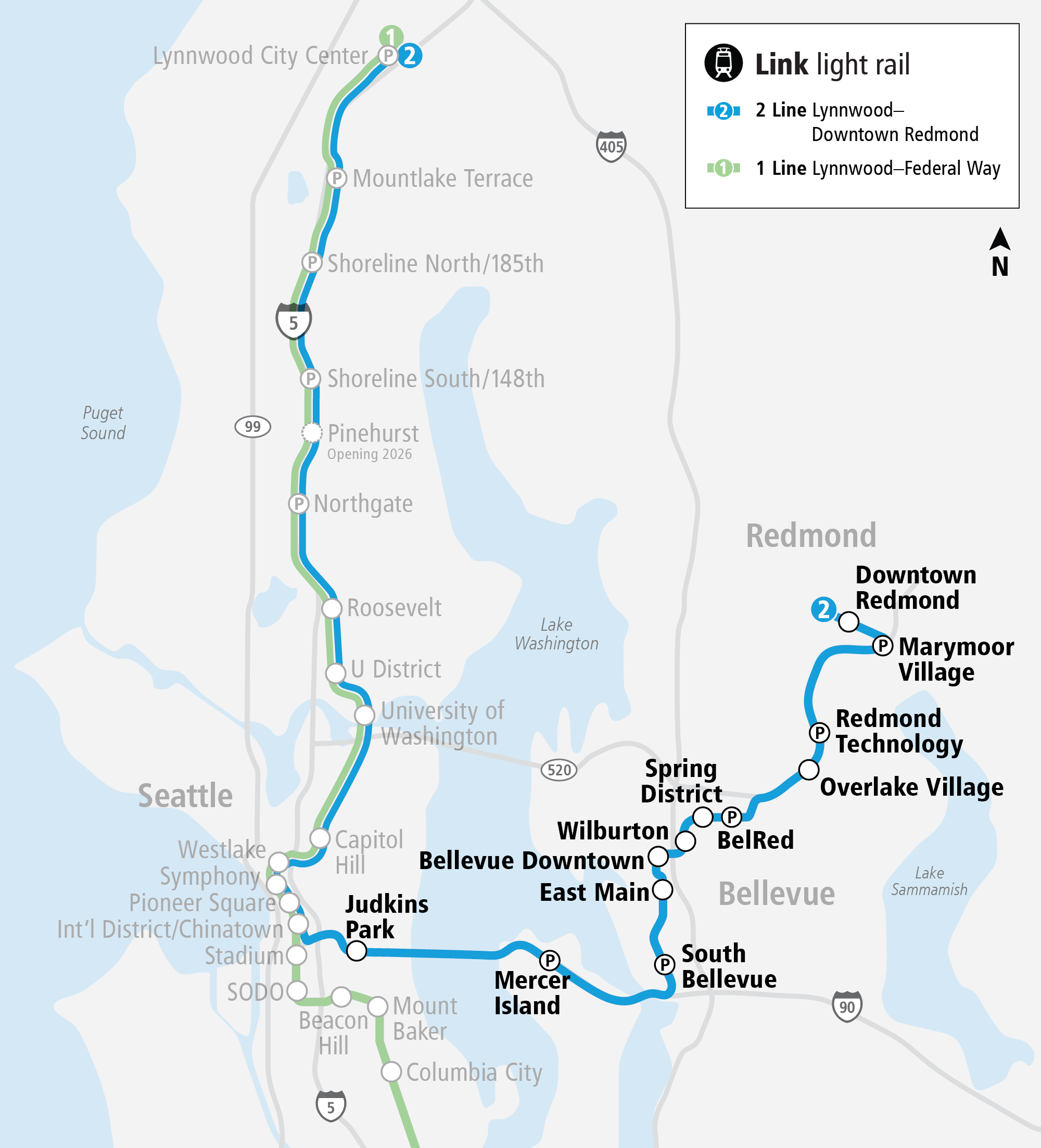 A map of the full 2 Line from downtown Redmond to Lynnwood.