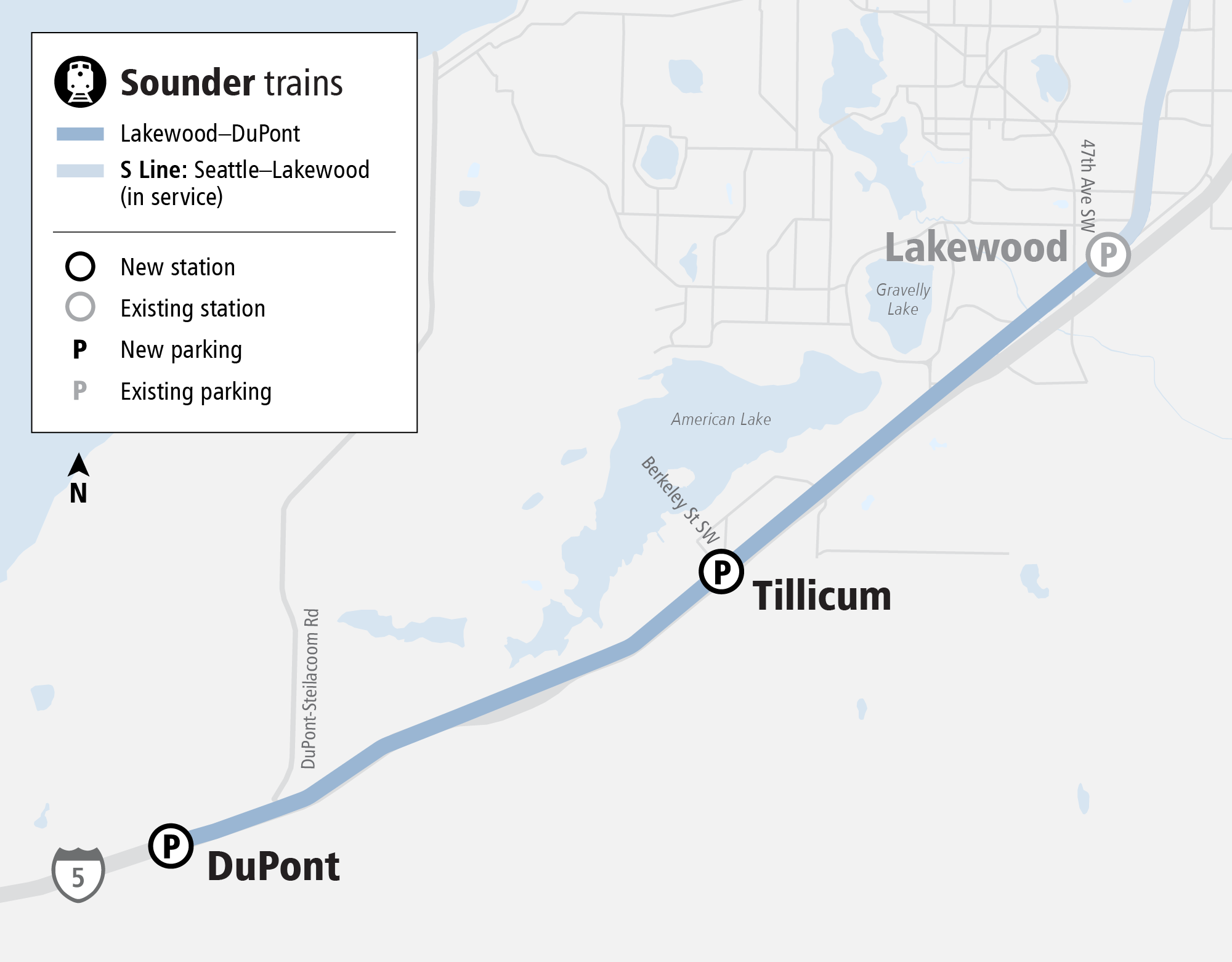 Map showing a Sounder S Line extension to Tillicum and DuPont.