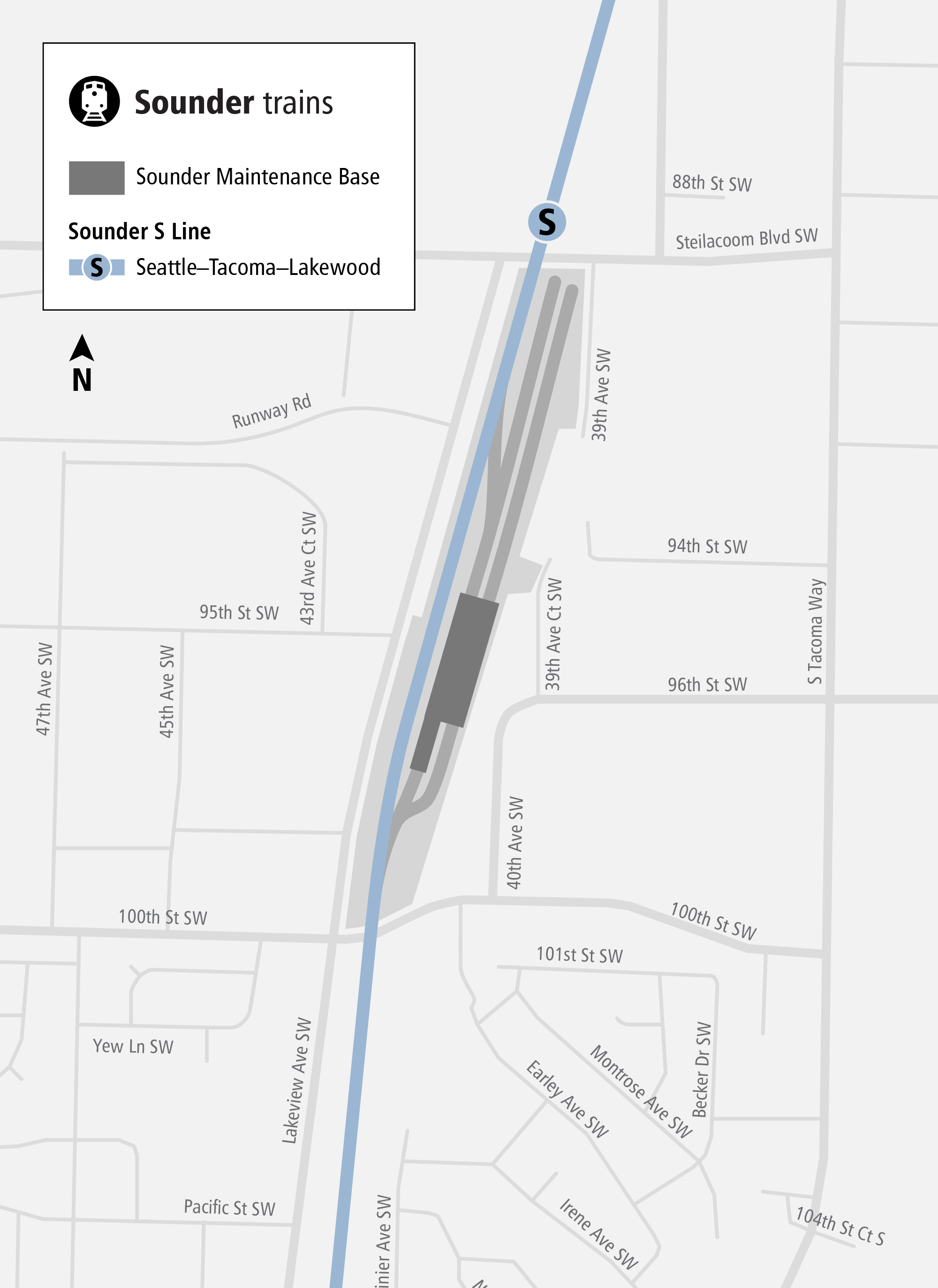 Map indicating location of future Sounder maintenance base north of 100th St SW and south of Steilacoom Boulevard
