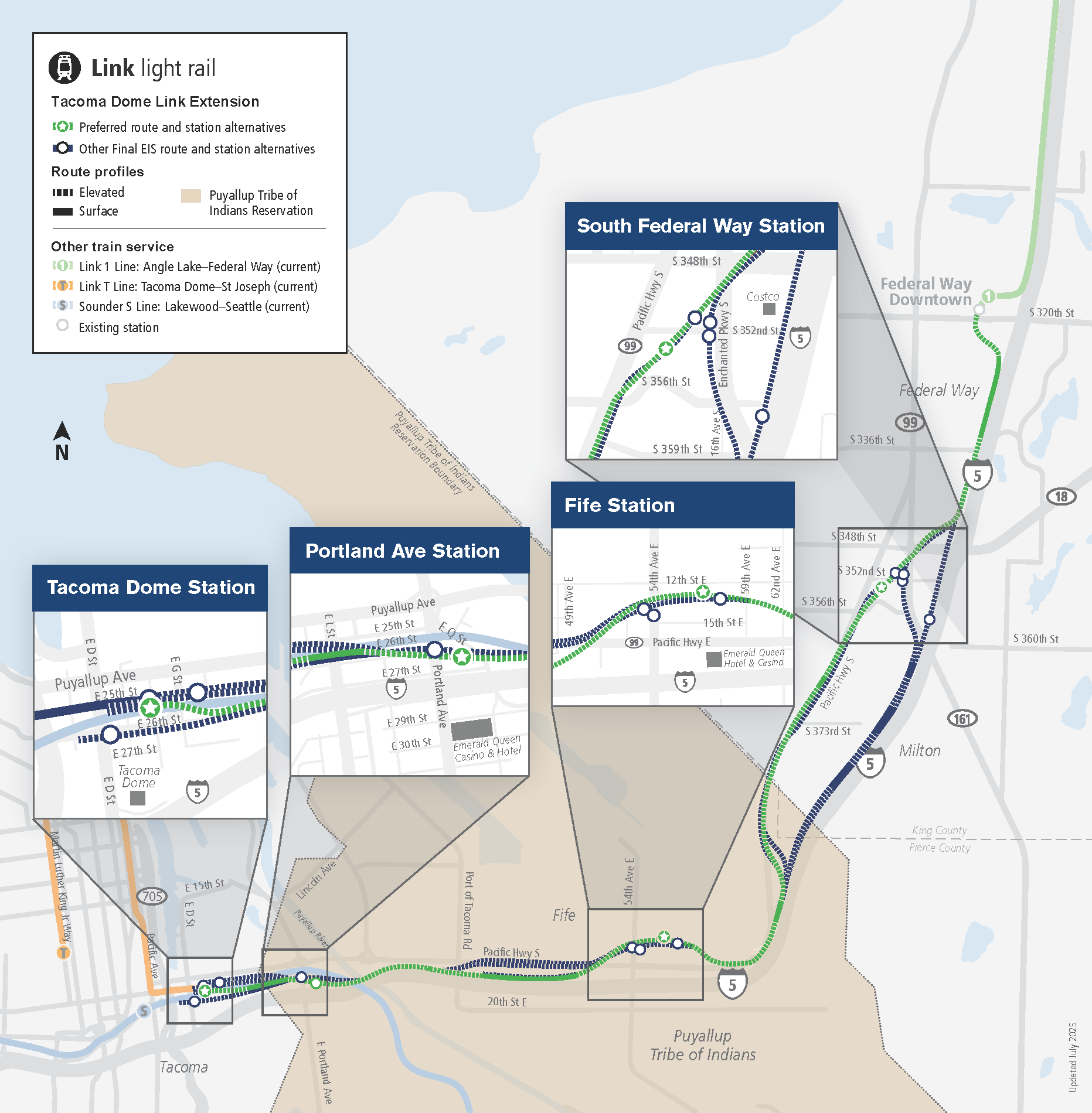 Map of proposed Tacoma Dome link extension with each station highlighted. Read under Overview heading for details.