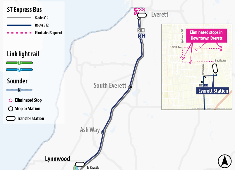 Map depicting changes proposed for 510 and 512 routes. Map shows eliminated stops in downtown Everett.
