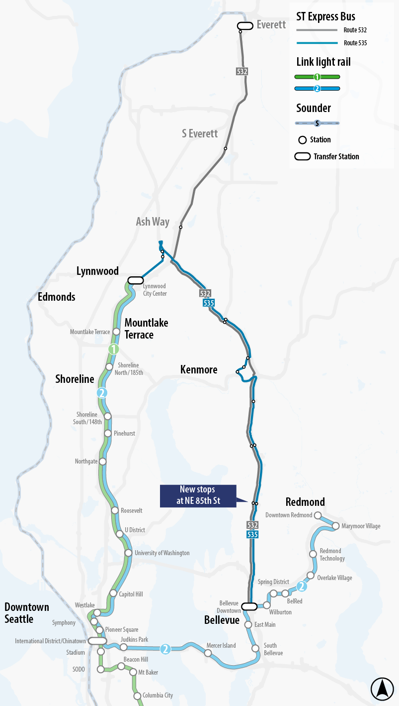 Map depicting changes to 532 and 535 route. This includes a new stop at the new Stride station on I-405/NE 85th St in Kirkland.
