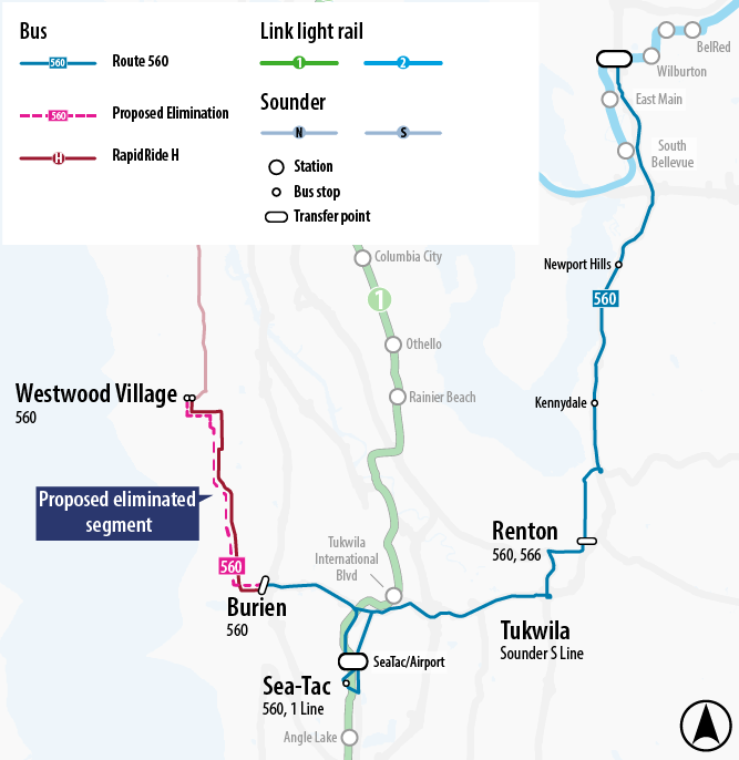 Map depicting proposed changes to route 560. Proposed changes include ending the route at Burien Transit Center.