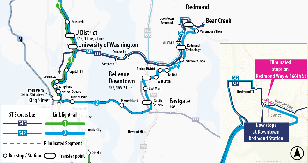 Map depicting proposed changes to route 545. This includes new stops at Downtown Redmond Station.