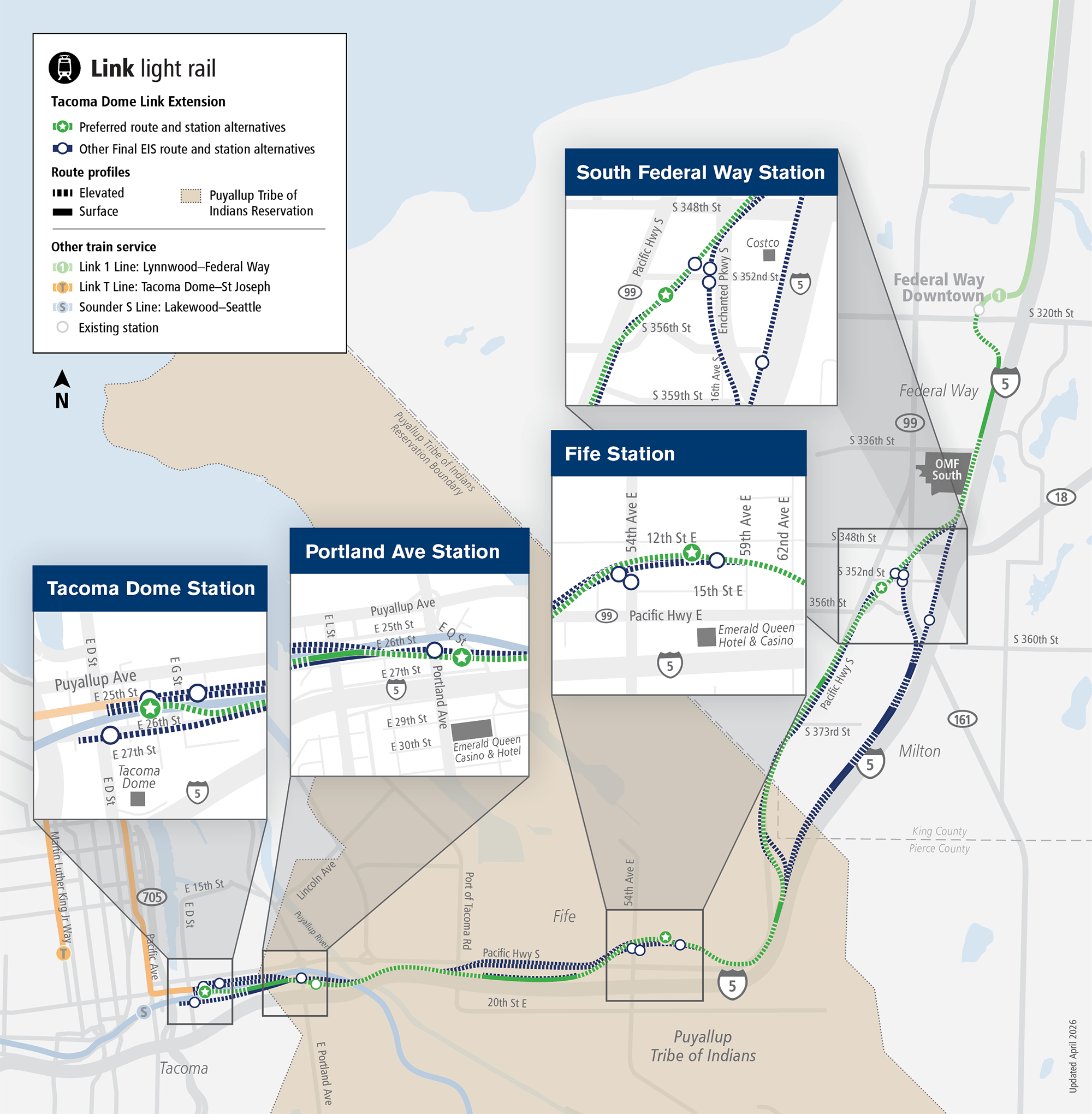 Map depicting preferred stations for tacoma dome link extension