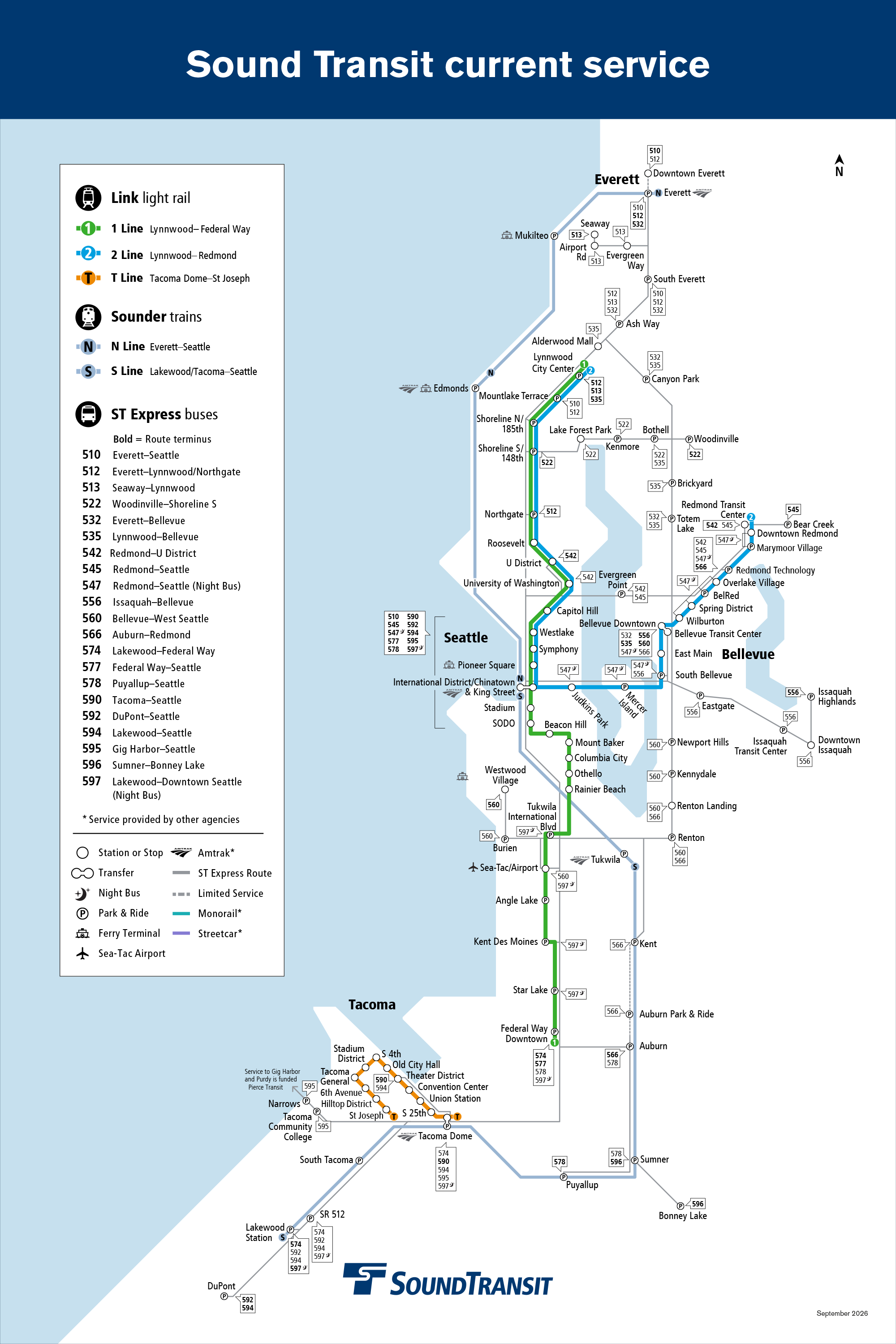 Map depicting Sound Transit service through the region. Go to soundtransit.org/tripplanner to plan your trip.