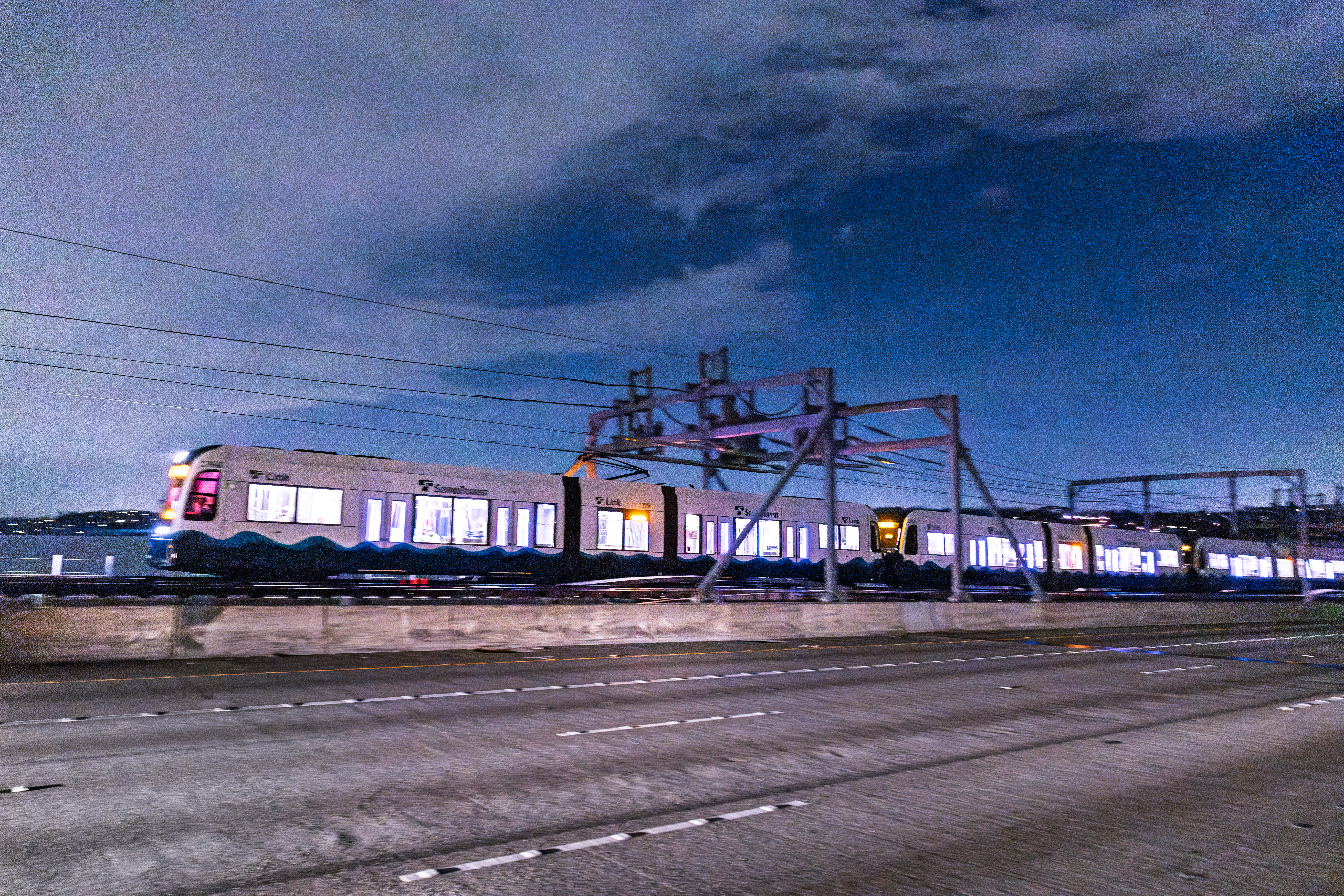 2 Line train going over the floating bridge during live wire testing.