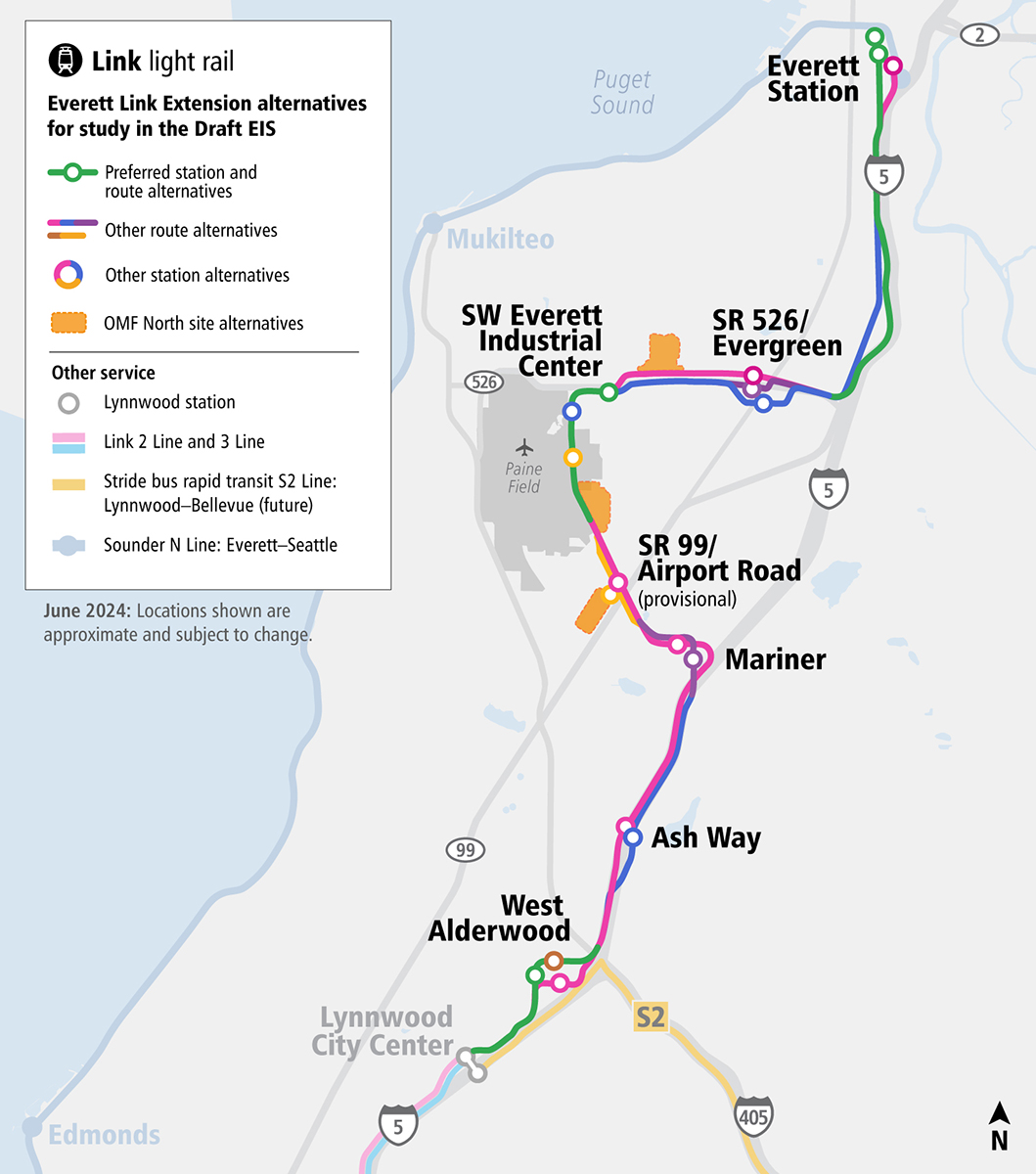 map depicting the Everett link extension alternatives for study in the draft EIS.
