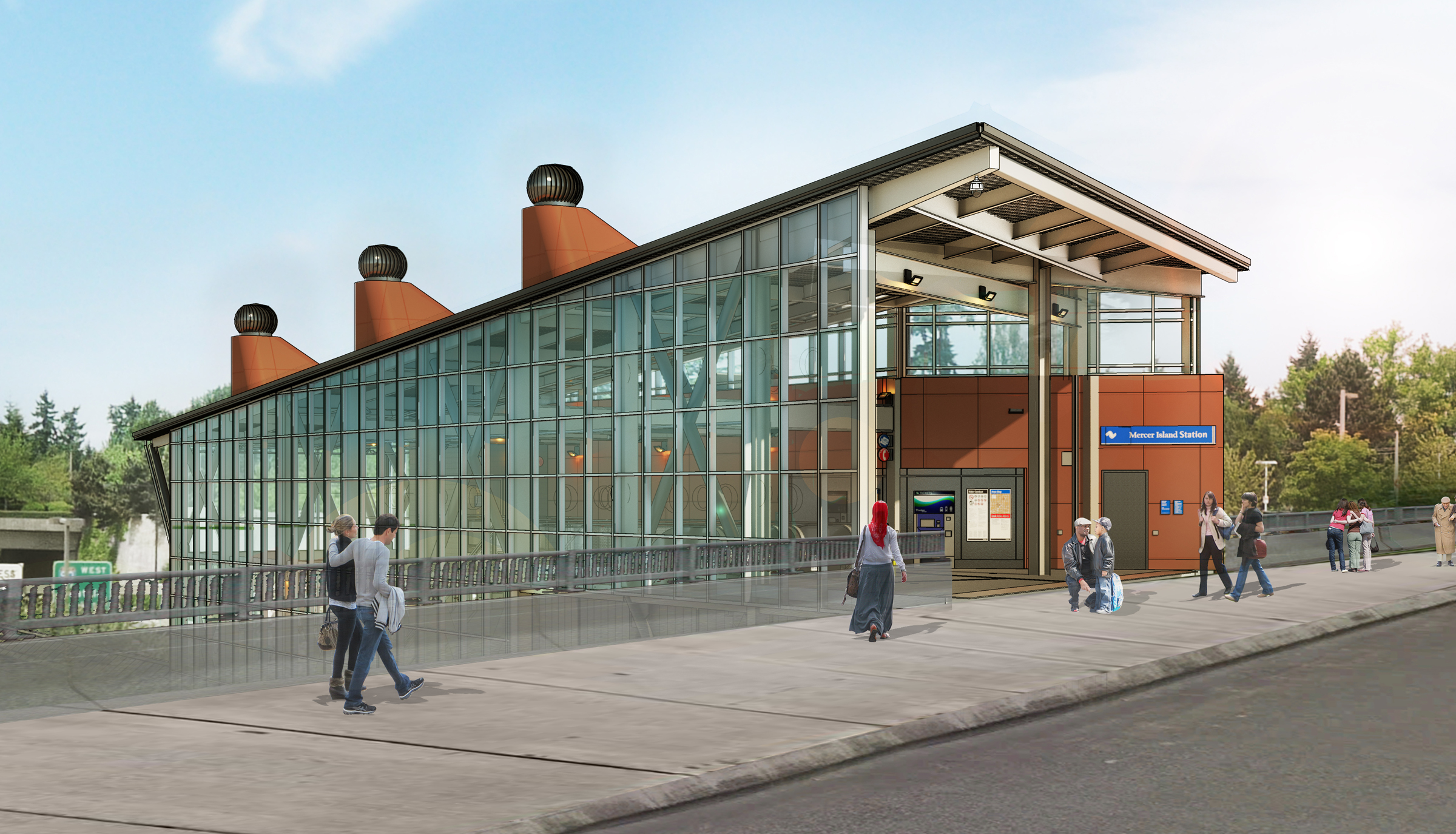 Mercer Island station rendering of entrance. Rendering includes people walking in front of station.
