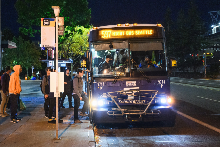The 597 night bus pulling into a stop