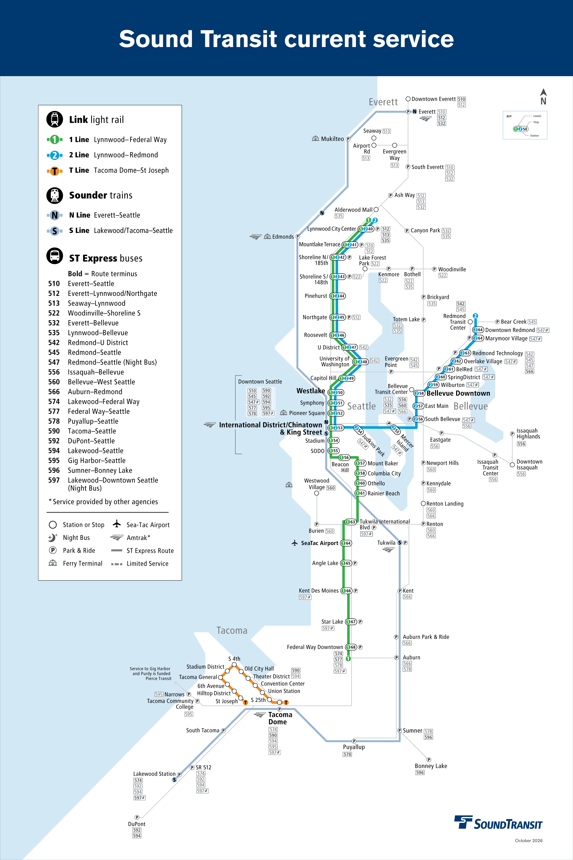 Map depicting current services provided by Sound Transit. To plan a trip, go to soundtransit.org/tripplanner.