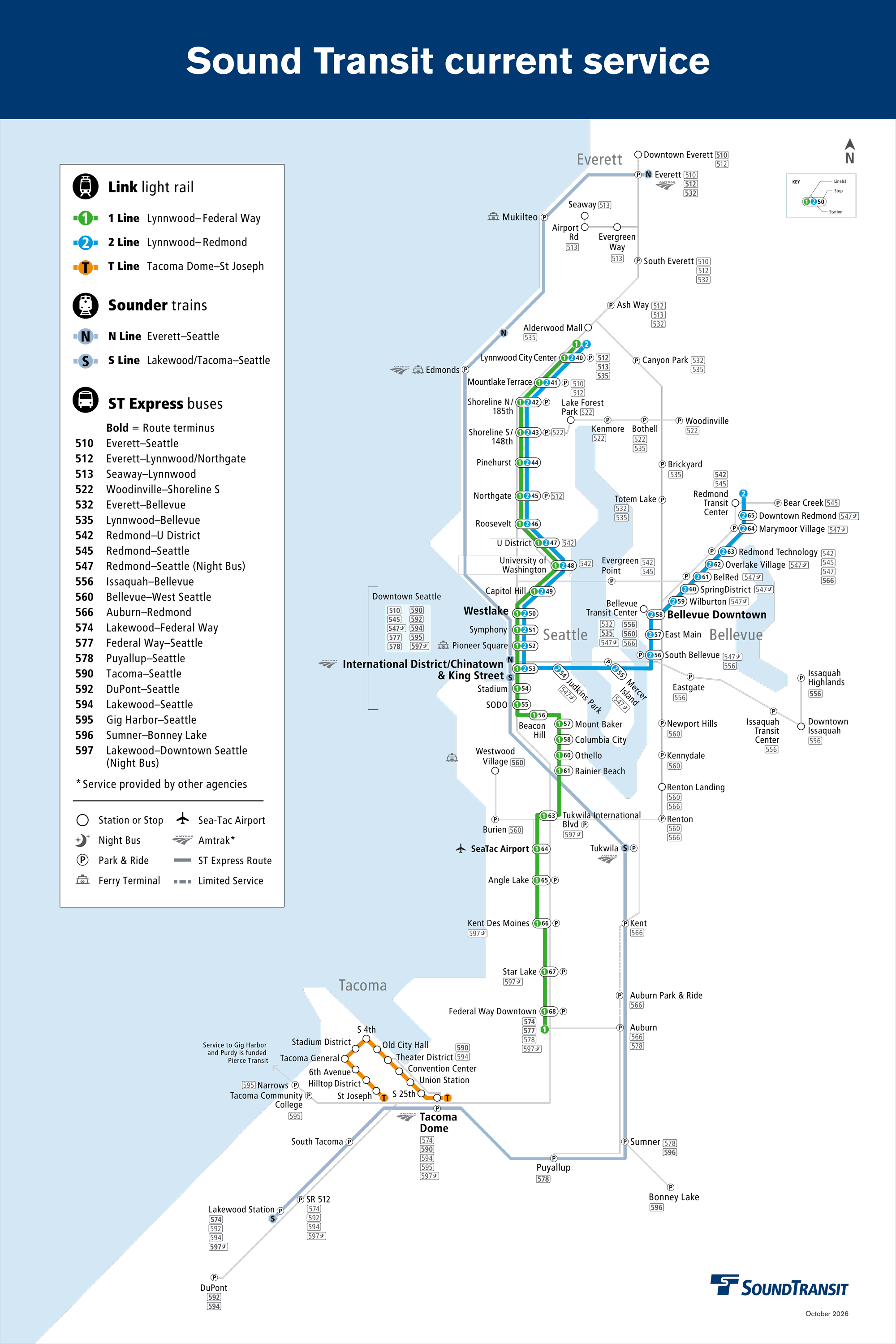Map depicting the current Sound Transit system. To plan your trip, visit soundtransit.org/tripplanner