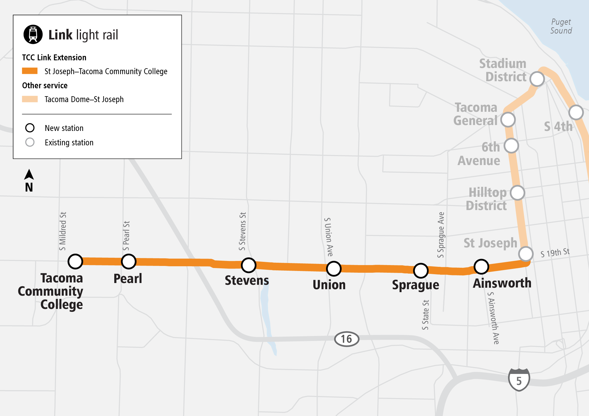 Map showing an extension of the T Line to Tacoma Community College.
