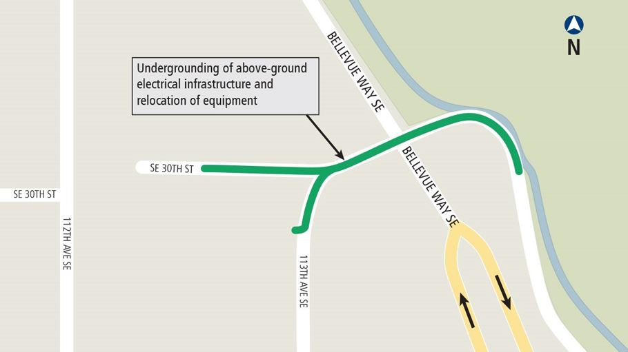 Map illustrates where Puget Sound Energy is undergrounding and relocating above-ground electrical infrastructure for the East Link Extension project.