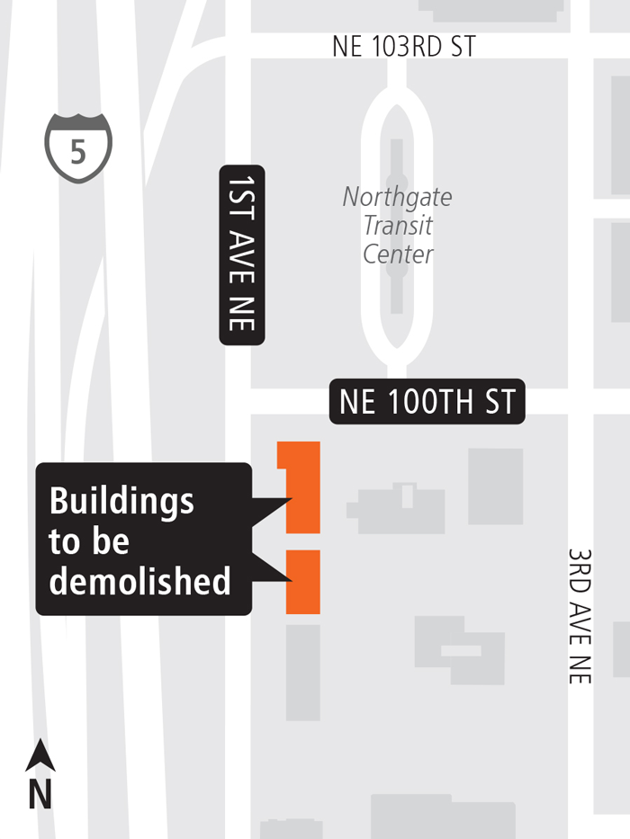 Map showing the location of the buildings to be demolished at First Avenue NE at NE 100th Street.