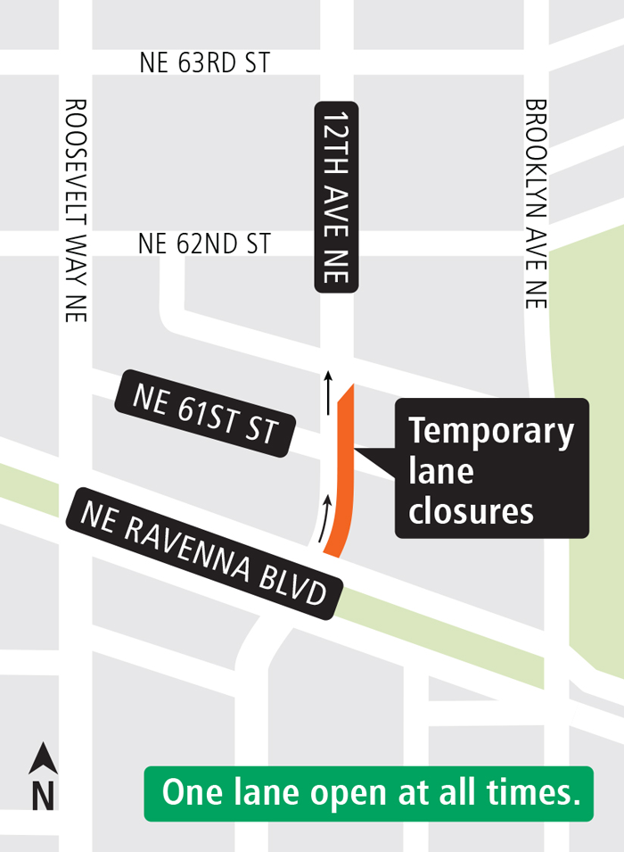 Map of lane closures on 12th Avenue NE between NE Ravenna Blvd. and NE 61st Street.