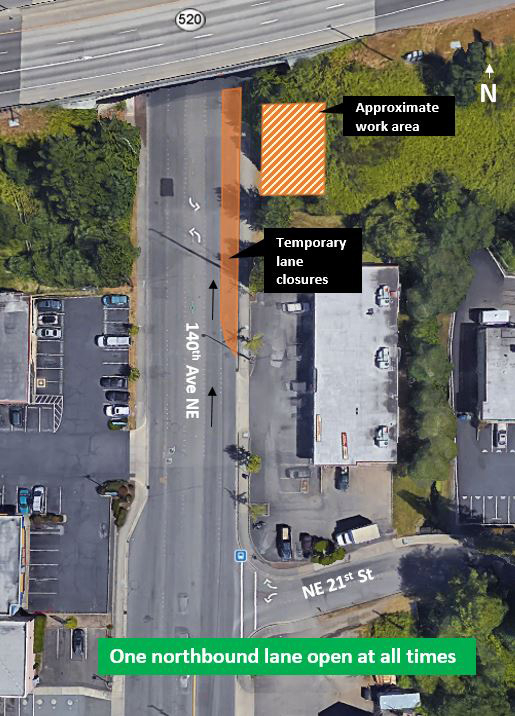 Map of temporary lane closures on 140th Ave NE in Redmond.