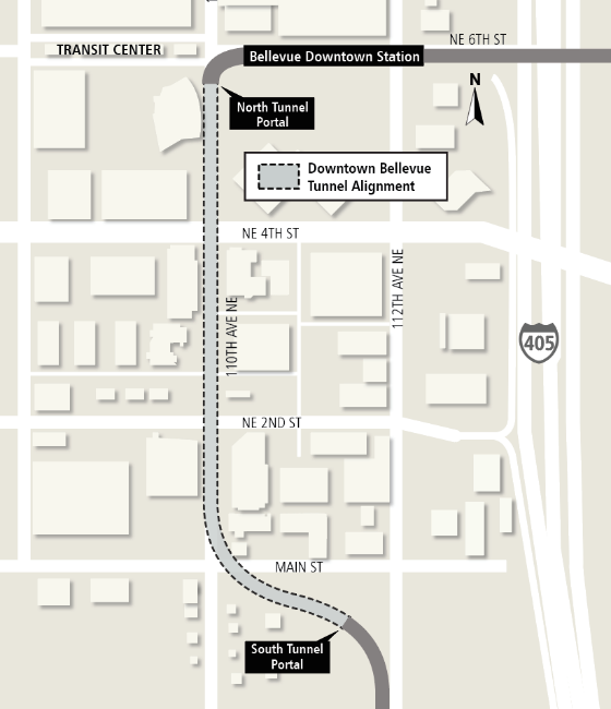 East Link Extension Bellevue tunnel alignment map.