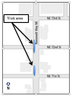 Road closure map for the southbound right lane of Roosevelt Way NE between NE 71st and NE 72nd Streets.