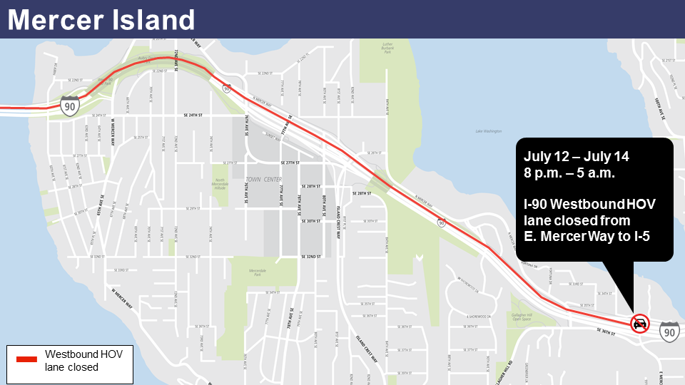 Map of I-90 express lane closure July 12-14