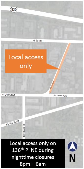 Map of 136 Pl NE Nighttime closure (2/28/2018)