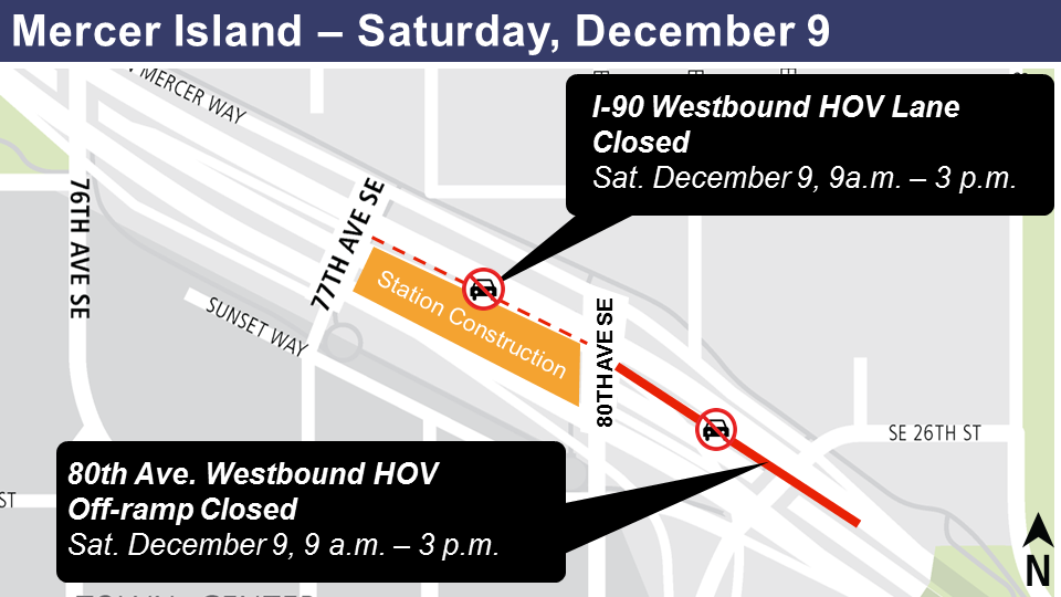 Map of I-90 westbound HOV lane closure, and 80th Ave. westbound HOV off-ramp closure, Dec., 9, 2017