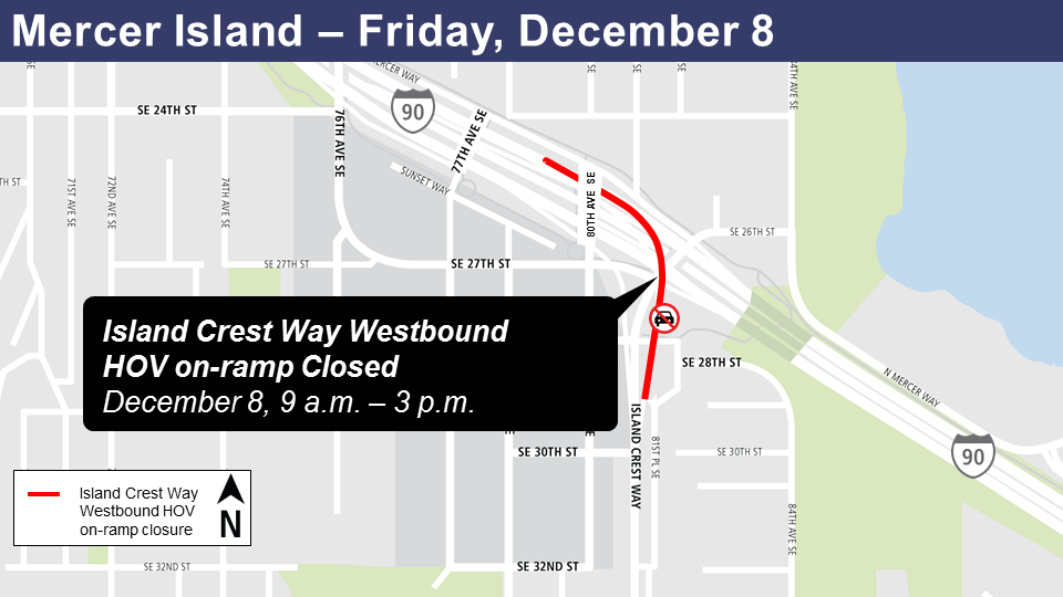 Map of Island Crest Way Westbound HOV on-ramp closure Dec. 8, 2017