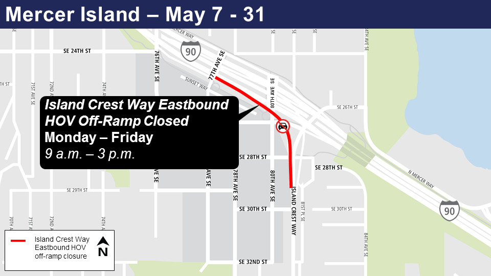 Map of Island Crest Way Eastbound closures on Mercer Island starting Monday, May 7th