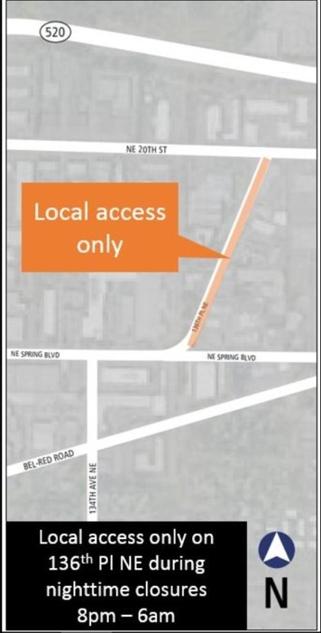 Map of nighttime closures on 136th Pl NE January 16-19
