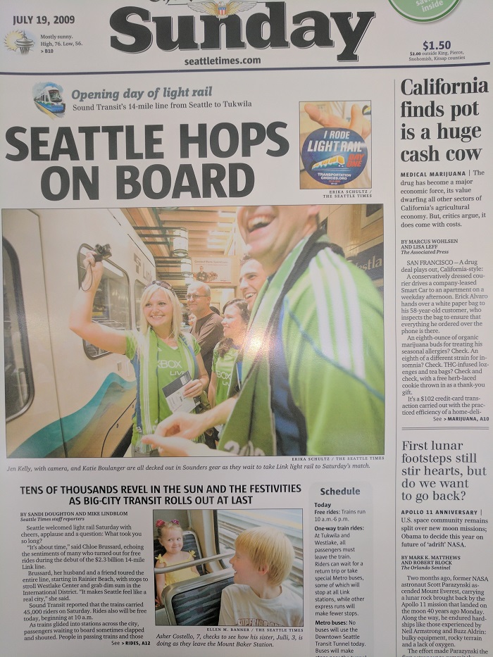 Cover of the Seattle Times the day after Link opened in 2009