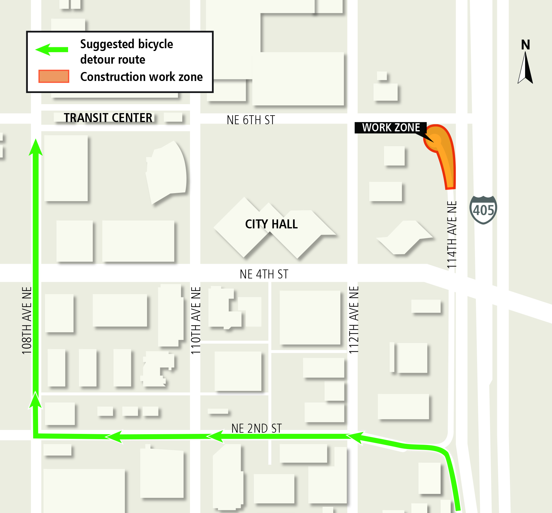 Bellevue Downtown Station bike route detour map