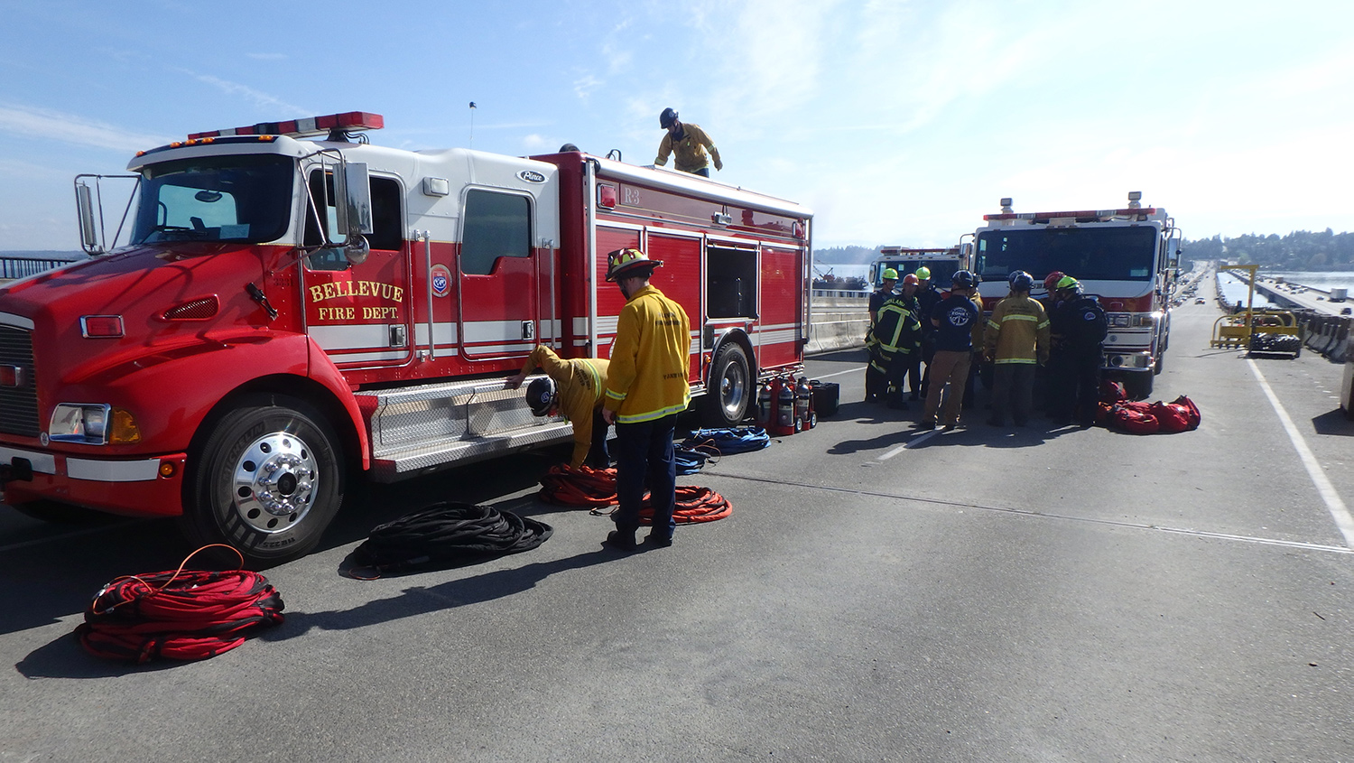 City of Bellevue Fire Department practices rescue drills on the floating bridge.