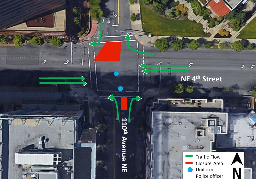 Map of lane closures at 110th Avenue Northeast and Northeast 4th Street.